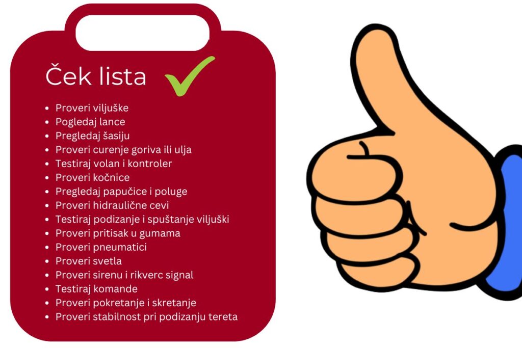 Vizuelna ček lista za kontrolu viljuškara sa pregledom stavki i oznakom za bezbedan rad sa viljuškarima