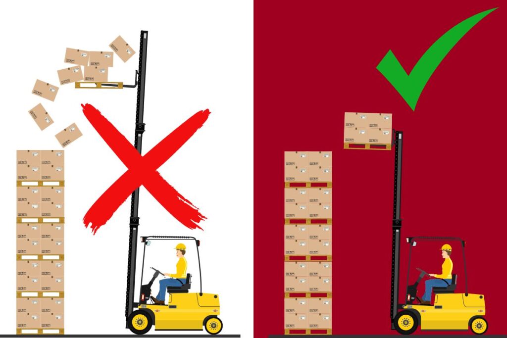 Pravilno postavljanje tereta viljuškarom – primeri loše i ispravne tehnike podizanja i slaganja paleta.