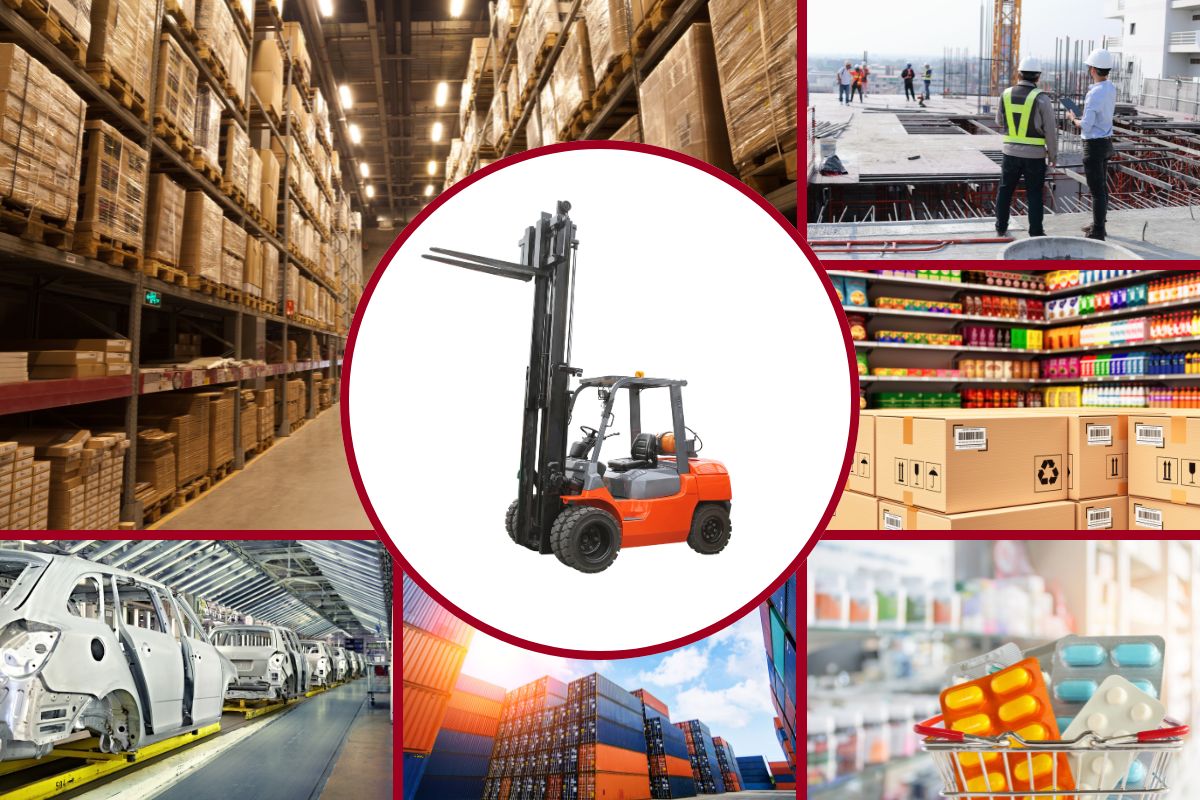 Ilustracija koji viljuškar kupiti u zavisnosti od industrije u kojoj se koristi viljuškar, uključujući skladišta, proizvodnju, maloprodaju, građevinarstvo, farmaciju i logistiku.
