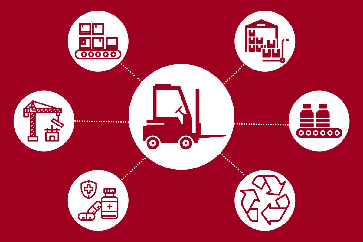 Ilustracija viljuškara u centru sa povezanim ikonama industrija, uključujući skladištenje, građevinu, farmaciju, reciklažu i proizvodnju. Prikazuje raznovrsne primene viljuškara u različitim sektorima.