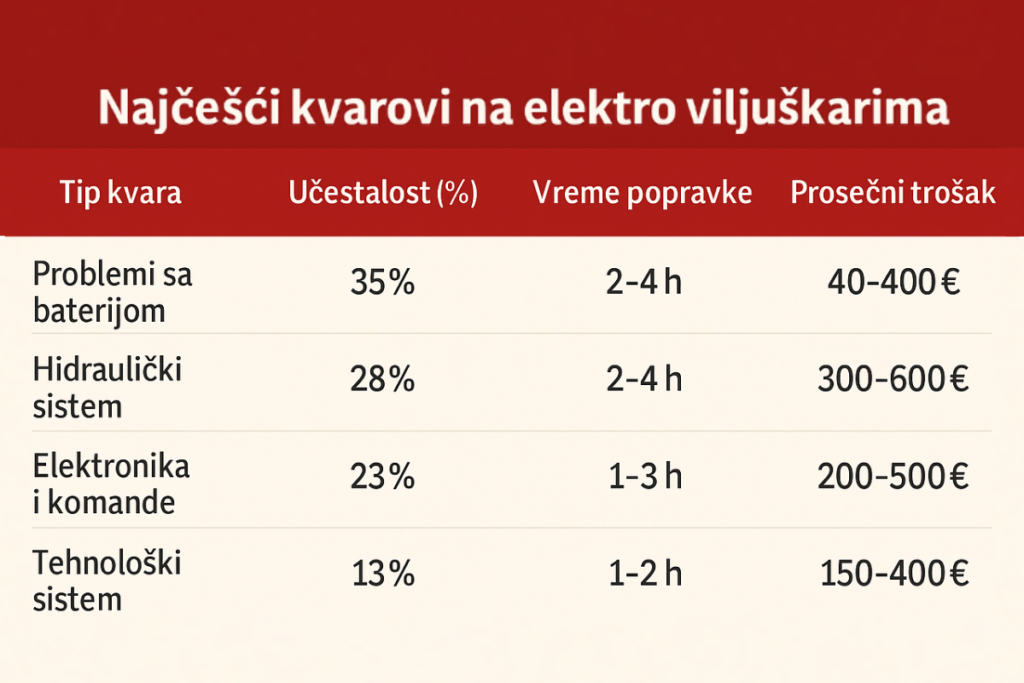 Tabelarni prikaz najčešćih kvarova na elektro viljuškarom.
