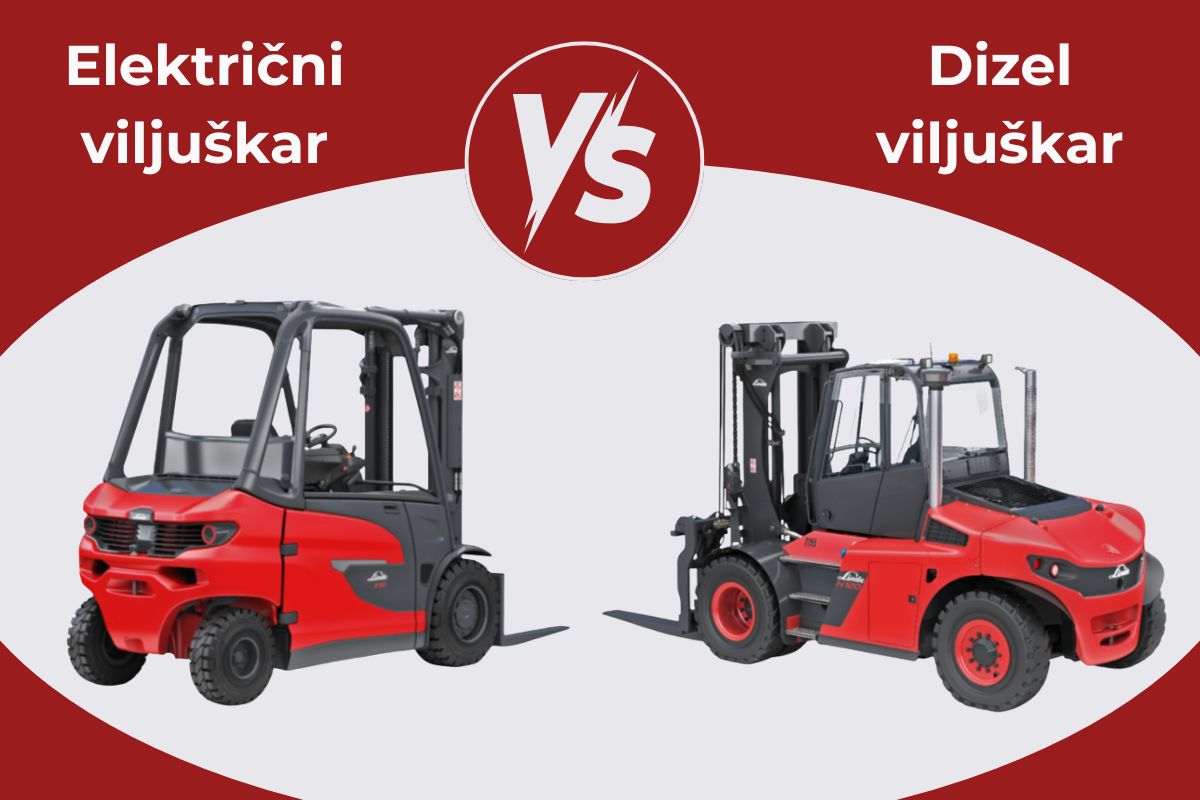 Fotografija elektricnom i dizel viljuškara sa natpisom električni viljuškar vs dizel viljuškar