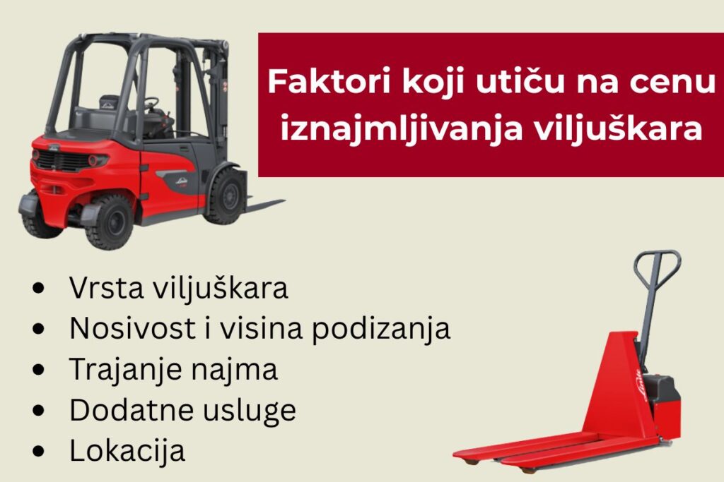 aktori koji utiču na cenu najma viljuškara uz ilustraciju električnog viljuškara i paletara.