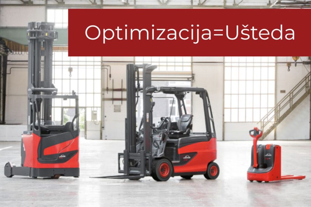 Tri modela Linde viljuškara poređana u magacinskom prostoru sa natpisom Optimizacija = Ušteda
