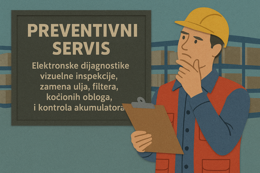 radnik u magacinu razmislja o preventivnom servisu