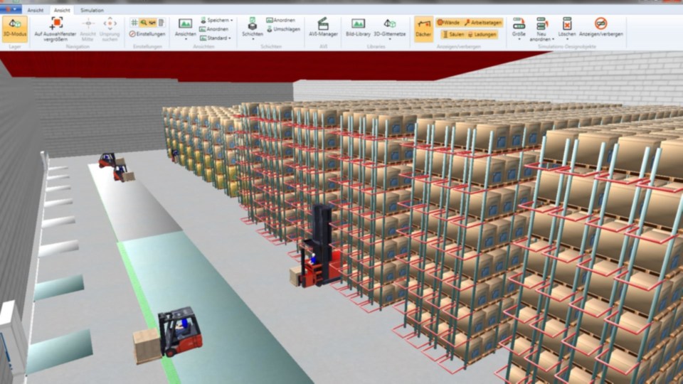 Grafički prikaz 3D planiranja optimizacije tokova materijala u Lindeovom softveru Stratos