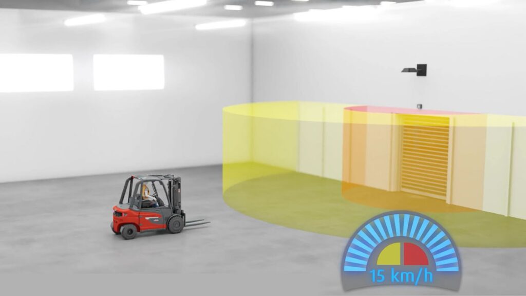 Prikaz Linde Door Control Circle sistema: viljuškar ulazi u zonu smanjene brzine ispred vrata sa obeleženim žutim i crvenim sigurnosnim zonama.