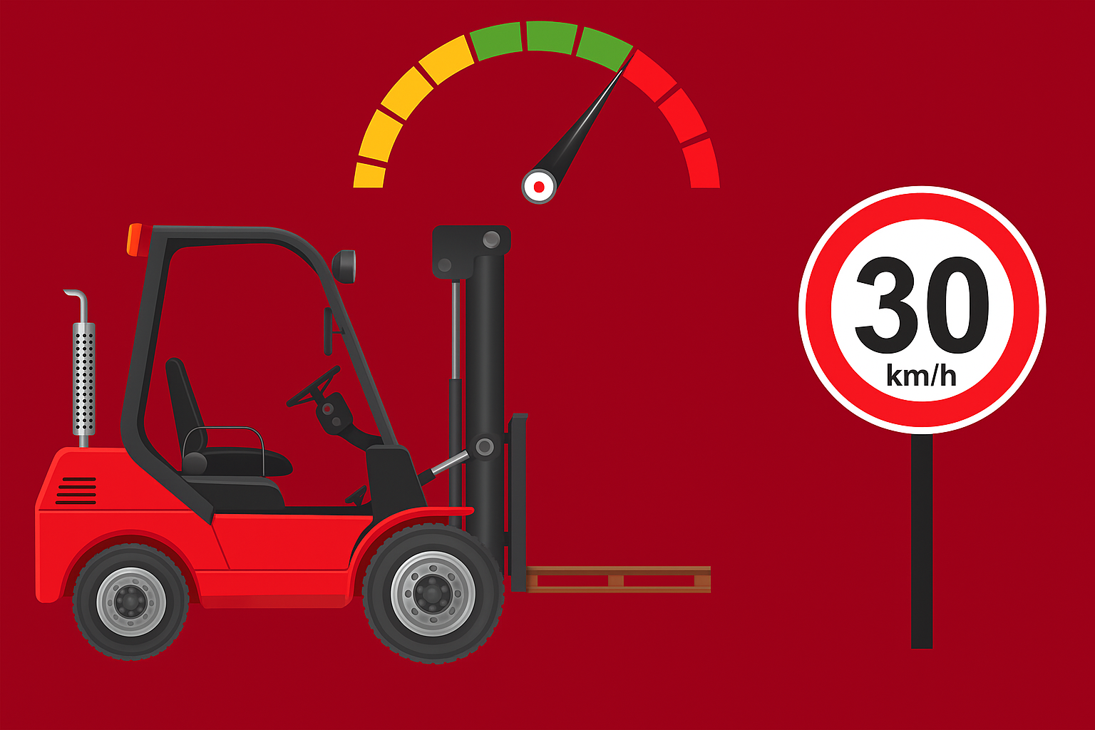 Ilustracija viljuškara, brzinometra i sabraćajnog znaka za ogranicenje brzine 30km/h