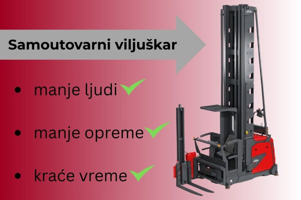 Samoutovarni viljuškar sa grafikom koja prikazuje prednosti: manje ljudi, manje opreme, kraće vreme