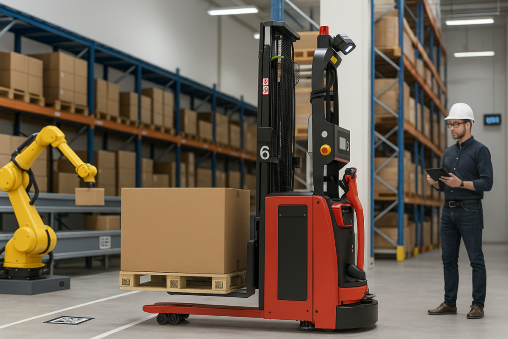 AGV robot u skladištu i pored njega čovek koji njime upravlja na tabletu.
