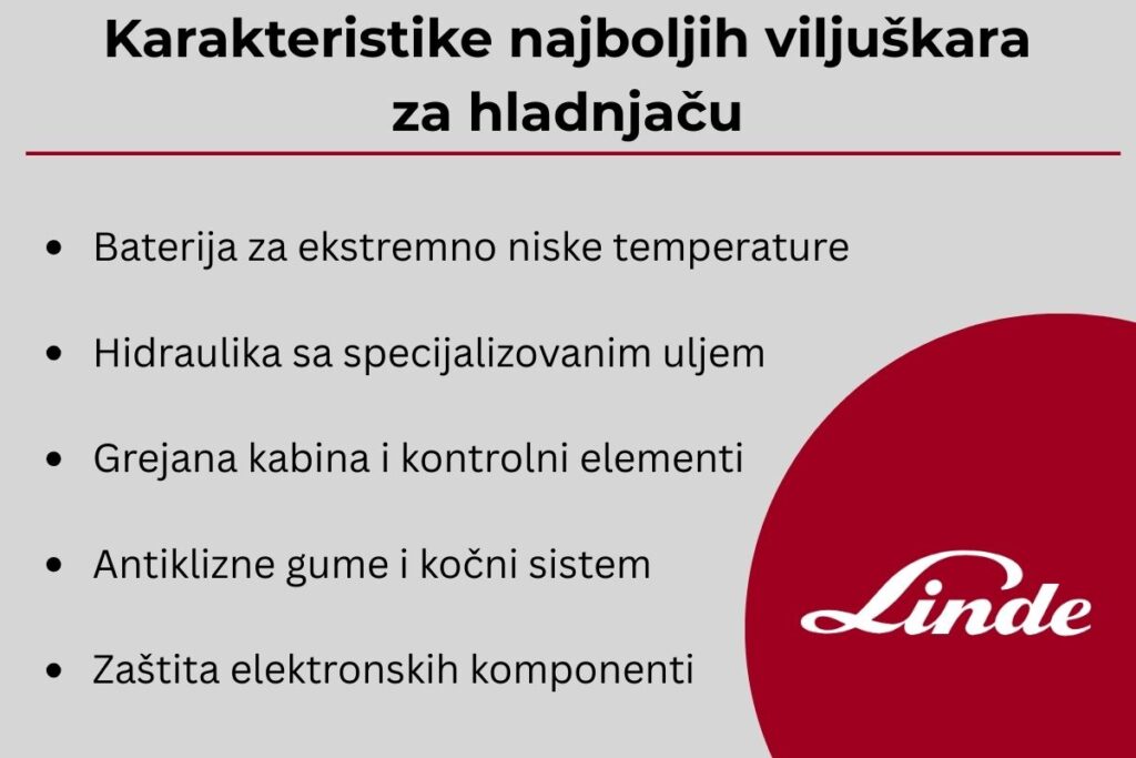 Karakteristike najboljih viljuškara za hladnjaču – baterija, hidraulika, grejana kabina, antiklizne gume i zaštita elektronike