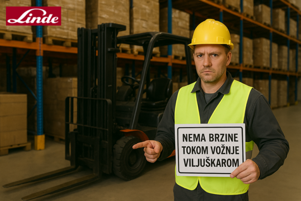 Slika radnika u magacinu koji stoji pored viljuškara i drži tablu upozorenja na brzinu vožnje dok se upravlja viljuškarom