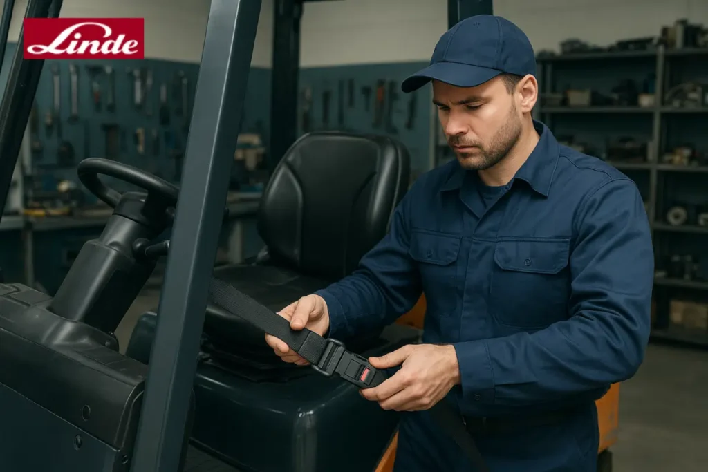 slika radnika u radionici koji vrši inspekciju sigurnosnog pojasa na viljuškaru