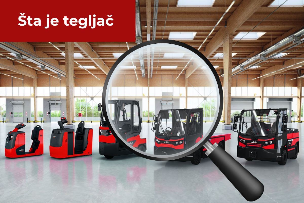 prikaz više modela tegljača u savremenom skladištu sa natpisom u gornjem levom uglU "Šta je tegljač"