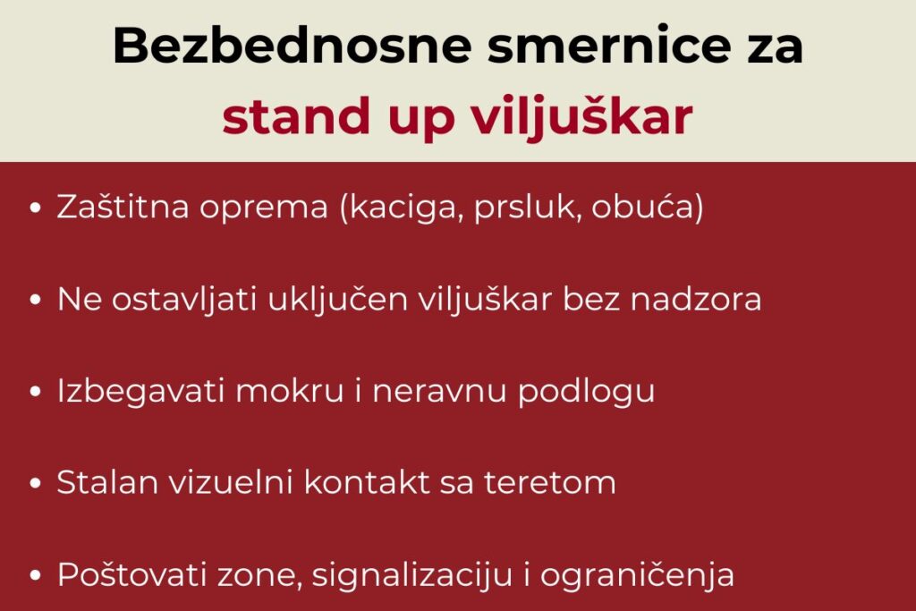Bezbednosne smernice za vožnju stand up viljuškara — zaštitna oprema, nadzor, podloga, preglednost i poštovanje pravila.