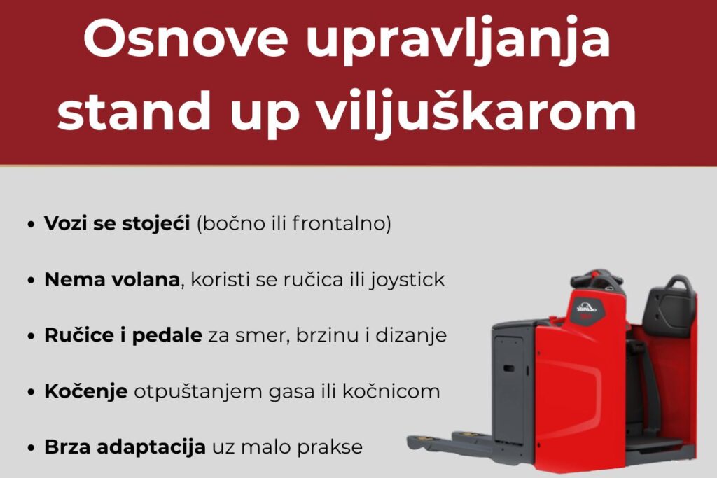 Vizualni prikaz osnovnih principa za upravljanje stand up viljuškarom sa slikom viljuškara i ključnim tačkama za sigurnu vožnju.