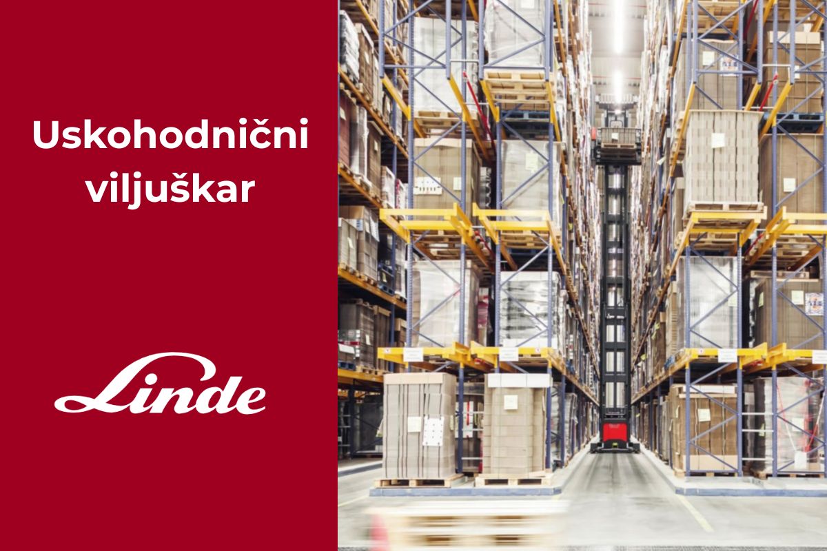 Najbolji uskohodnični viljuškar Linde u radu između visokih regala u uskom skladišnom prostoru